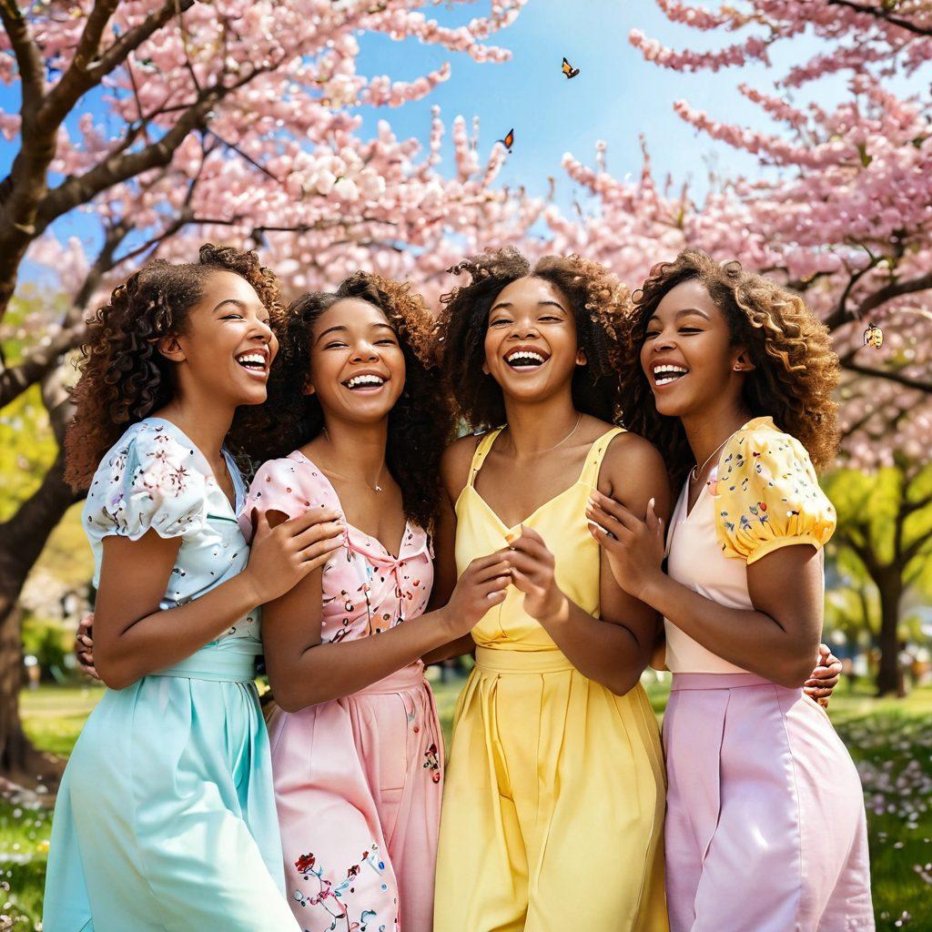 A joyful group of diverse girls laughing and embracing each other under a blooming cherry blossom tree, symbolizing sisterhood and friendship. They are dressed in colorful spring outfits, surrounded by soft pastel flowers and sunlight filtering through the leaves, capturing a blissful moment. The background features a serene park setting with butterflies fluttering around. super-realistic. vibrant colors. dreamy atmosphere.