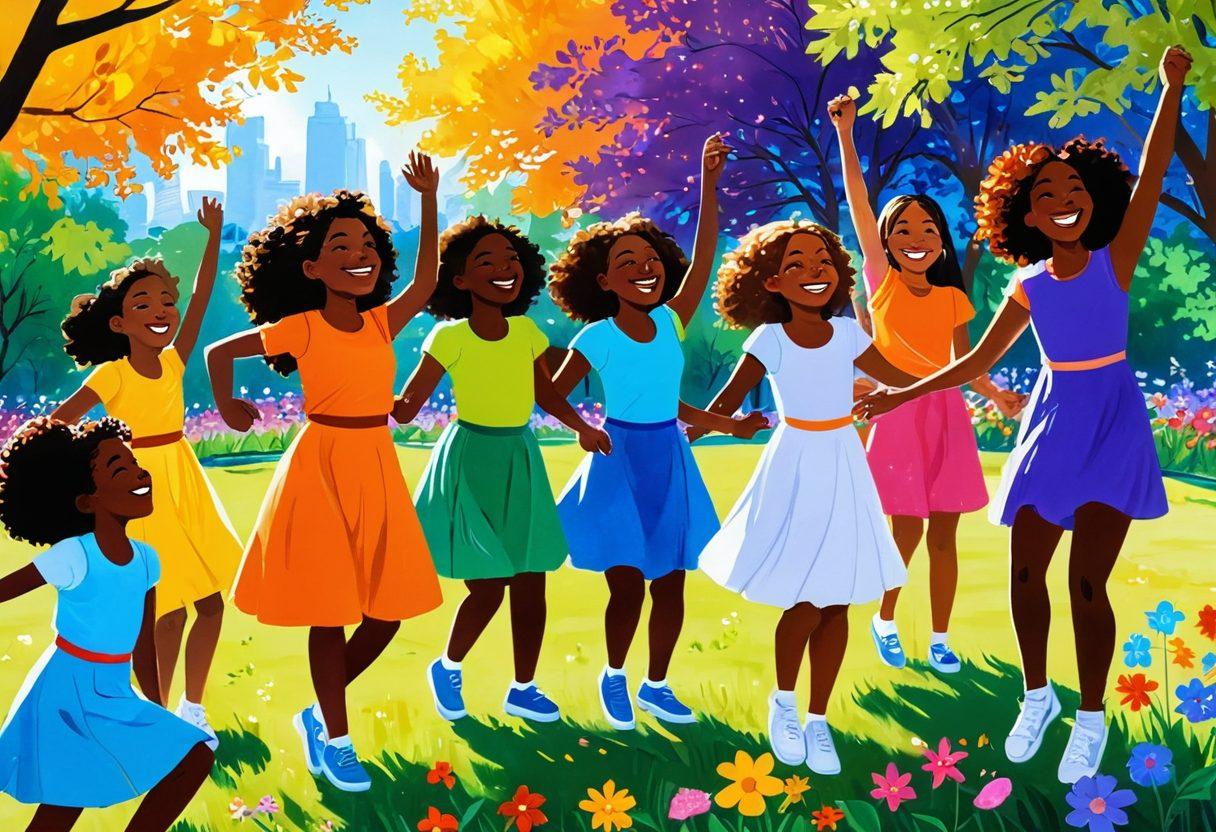 A joyful scene depicting young girls of diverse backgrounds engaging in empowering activities, such as painting, dancing, and laughing together in a sunlit park. Vivid flowers bloom around them, symbolizing growth and empowerment. Their expressions radiate happiness, freedom, and friendship. Include inspirational quotes subtly integrated into the background. bright colors. illustration. vibrant. whimsical.