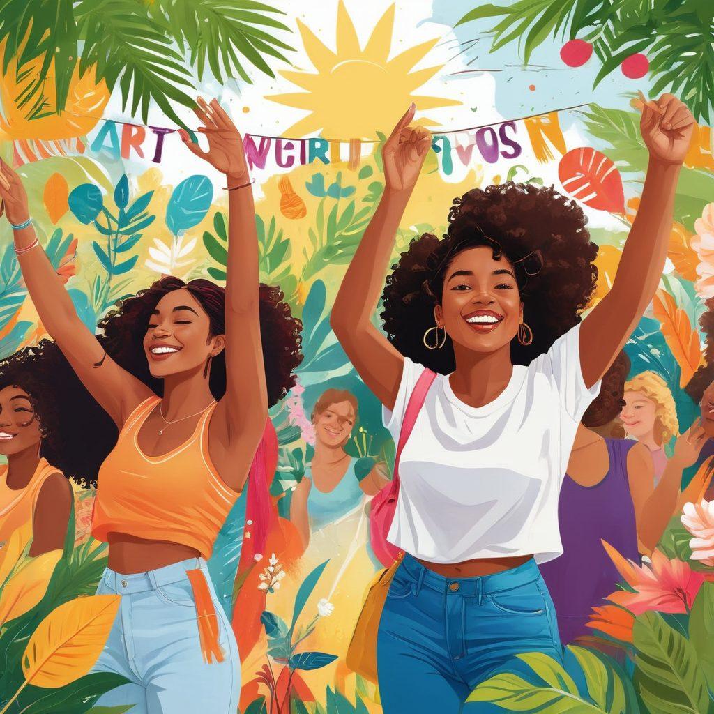 A vibrant community gathering filled with young women of diverse backgrounds, engaging in joyful activities like art, music, and dance. They are surrounded by colorful decorations and plants, embodying a cheerful atmosphere. Include inspirational quotes in creative typography hovering above them, symbolizing support and empowerment. Bright and uplifting colors with a sunny outdoor setting. vector art. vibrant colors. natural elements.